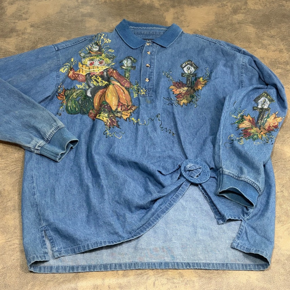 South Bay Sportswear Denim Top Womens XL Blue Fall Scarecrow Pumpkin SKU6438